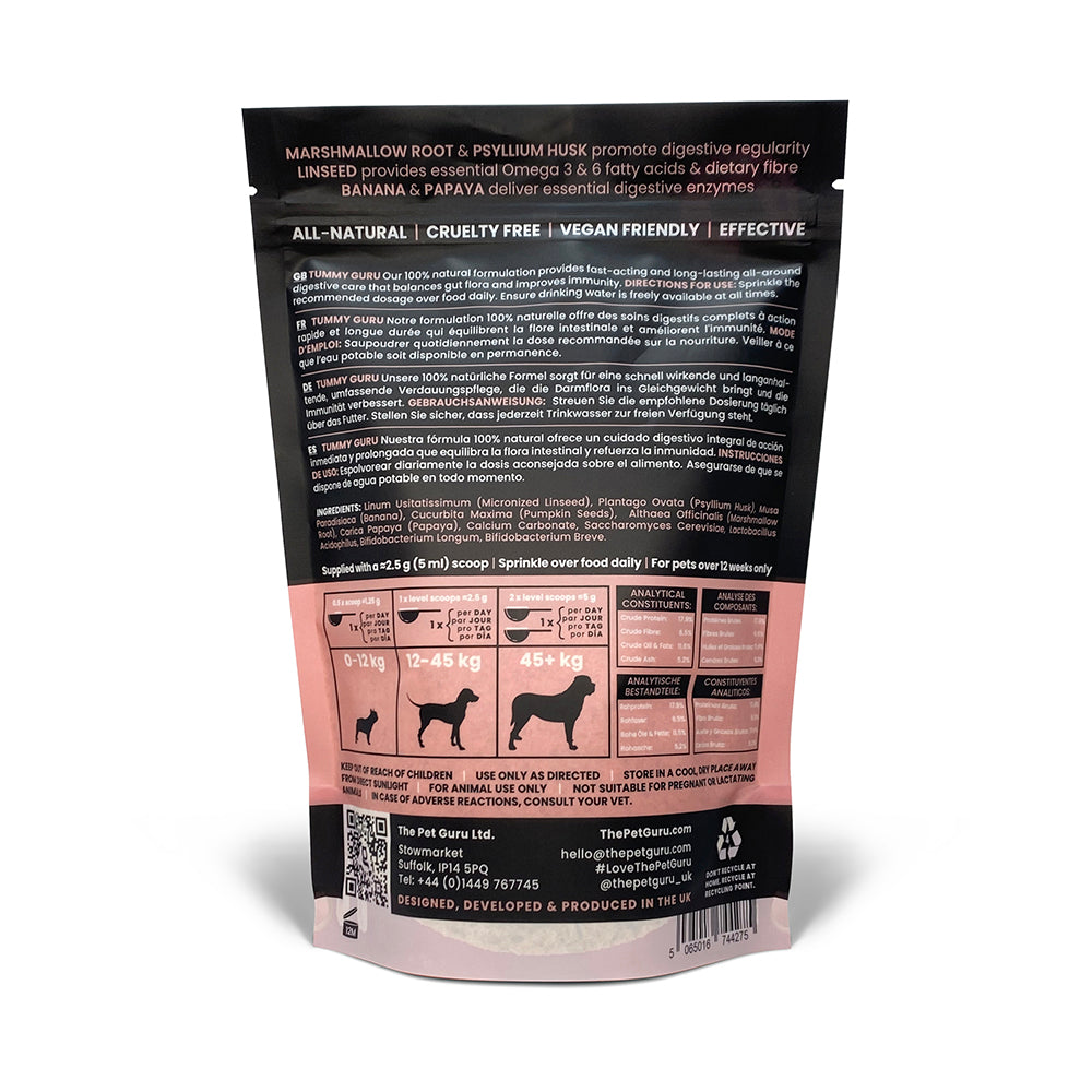 the pet guru - natural tummy settler -tummy guru - digestive powder supplement for dogs - anti scooting - supports digestive function